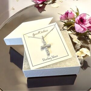 Womens 925 Cross Pendant | Sparkling CZ Emerald & Round Stones